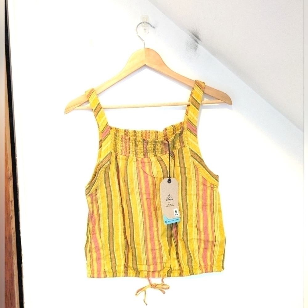 PRANA Stripped Little Palm Organic Cotton Cami Top in Leapfrog Stripe NEW S